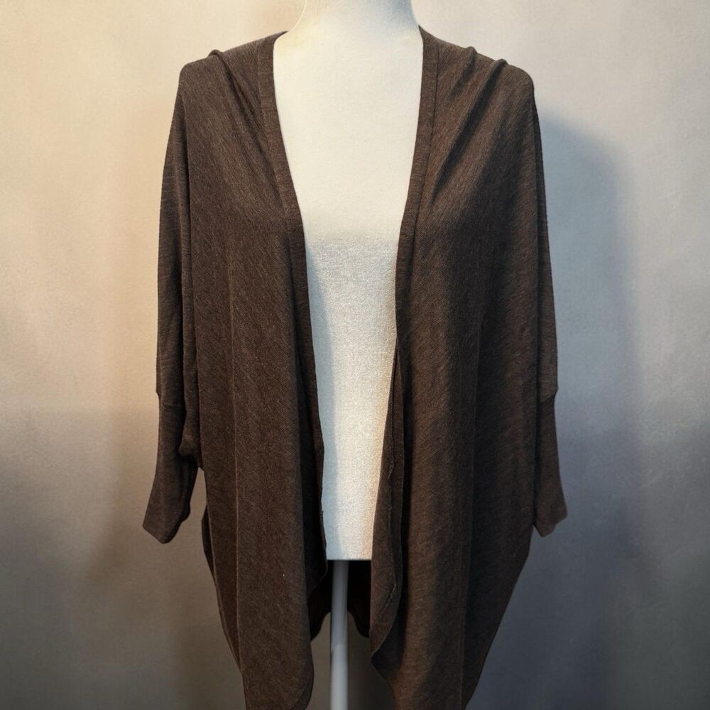 Eileen Fisher Cardigan 2X Wool Open Front  Brown Dolman Sleeve Pocket Buttons